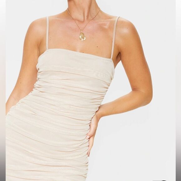 PRETTYLITTLETHING Nude Strappy Mesh Ruched Midaxi Dress Size 10 - Picture 4 of 8